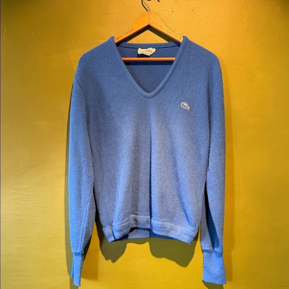 Vintage Lacoste Women's V-Neck Sweater in Blue